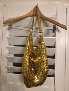 Gold Metallic Metal Mesh Sequin Crescent Shoulder Bag, Zip Closure, Lined